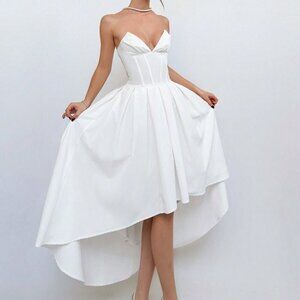 White Elegant Women's Asymmetric Hemline Strap Top Breast Cup Midi Dress